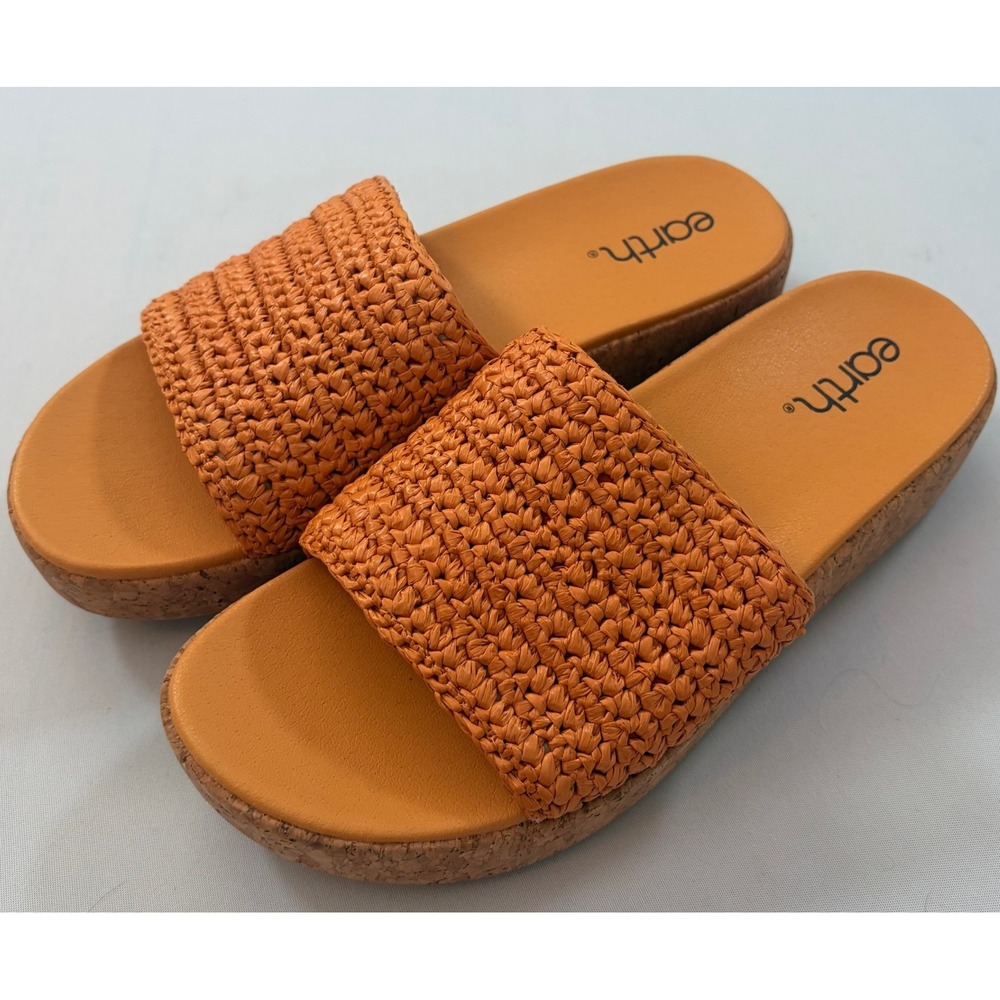 Earth Sandals Womens 8.5 Orange Sachan 2 Woven Raffia Cork Platform Slides